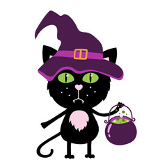 Happy Halloween sticker with Cute black cat in a witch's hat and with a cauldron.