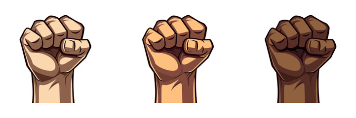 Fist up in flat style. Set of multi-colored hands in a fist isolated. Vector illustration