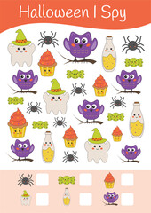 Halloween math worksheet. I spy. Mathematic activities for schooling, early education. Counting educational logical game. Kid lessons, Halloween preschool kindergarten educational activity for kids.