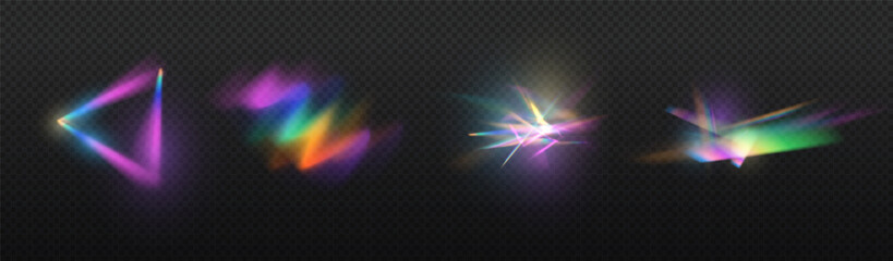 Light Crystal effect, glass, prism shine, glare, reflection. Optical rainbow lights, glare, leaks, band overlap. falling confetti. Vector colorful vector lenses and light flares.
