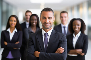 Multiracial diverse business team headed with boss posing to camera. Smiling businesspeople in office. The concept of business.