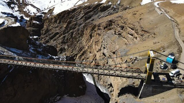 drone aerial view of Asia's highest Chicham Bridge in spiti himachal pradesh India