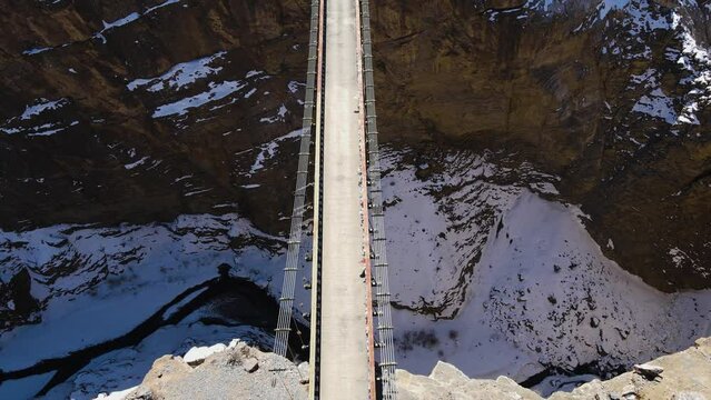 drone fly above Asia's highest Chicham Bridge in spiti himachal pradesh India with snow mountains Himalayan landscape 