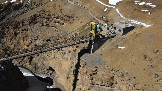 Aerial above Asia's highest Chicham Bridge in spiti himachal pradesh India