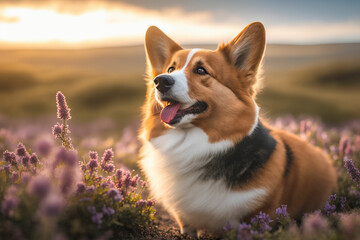 cute corgi dog in a flower hill