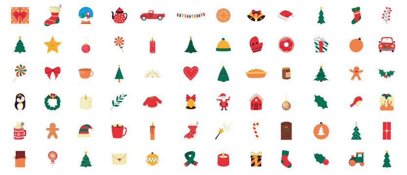 Christmas Big Set Icons: Cute Characters, Santa, Toys, Christmas Tree, Sweets, and Gifts. Adorable Palette of Confections. Vector Illustration.