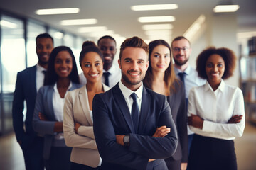 Multiracial diverse business team headed with boss posing to camera. Smiling businesspeople in office. The concept of business.