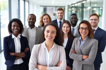 Multiracial diverse business team headed with boss posing to camera. Smiling businesspeople in office. The concept of business.