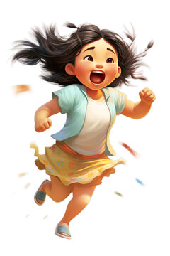 Asian kid girl dancing, jumping in joy raising hands and laughing, isolated illustration, transparent background 