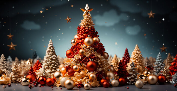 Christmas tree made of Christmas balls, confetti, blurred bokeh background - AI generated image