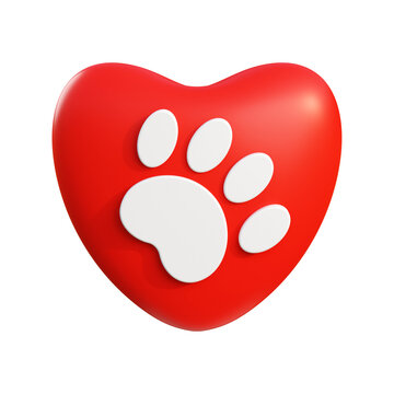 Pet paw with heart 3d render illustration. Veterinarian services concept 3D rendering.