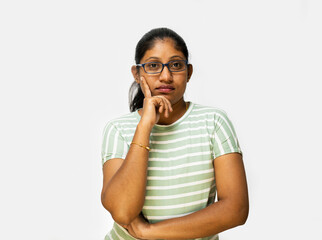 Woman thinking in white background