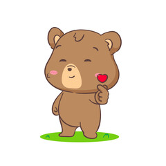 Obraz na płótnie Canvas Cute brown bear posing love hand sign gesture. Kawaii adorable animal and valentines day concept design. Isolated white background. Vector art illustration.