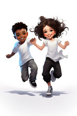 Kids couple dancing, two kids black boy and white gire running raising hands, isolated illustration, transparent background 