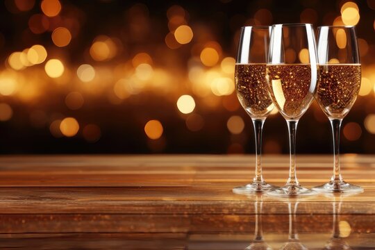 A celebratory background image for creative content, showcasing glasses of champagne arranged on a wooden table with blurred holiday lights in the background. Photorealistic illustration