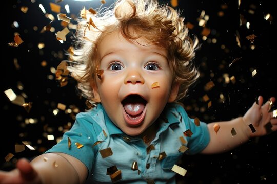 A celebratory background image for creative content, depicting a happy child running with confetti falling around them, adding a lively and festive touch to your designs. Photorealistic illustration