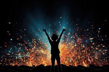 A festive background image featuring a girl cheering in front of an explosion of colorful light bursts against a black background. Photorealistic illustration