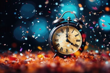 A festive backdrop featuring an alarm clock surrounded by colorful confetti falling against a blurred background. Photorealistic illustration