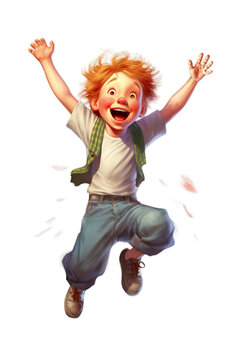 White ginger kid boy dancing, jumping raising hands and laughing, isolated illustration, transparent background 