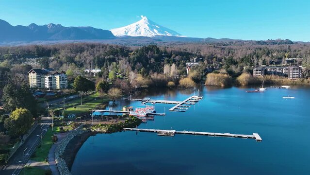 Scenic Lake At Pucon In Los Rios Chile. Coastal City. Vulcanic Scenery. Tourism Landscape. Pucon Chile. Volcano Background. Scenic Lake At Pucon In Los Rios Chile.