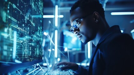 Data scientists work in a modern office of a technology company on the development of a quantum computer. Science, technology, big data and blockchain concept.