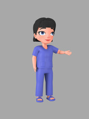 Short-haired female character in nursing assistant uniform ,3d rendering