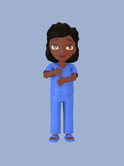 Dark-skinned female character in blue nursing assistant uniform. 3d rendering