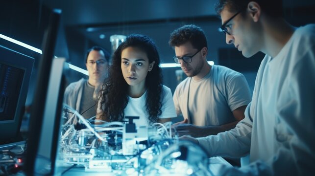 Data scientists work in a modern office of a technology company on the development of a quantum computer. Science, technology, big data and blockchain concept.