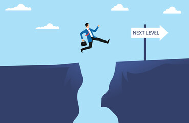 Businessman jumping to another cliff to achieve higher level. Businessman jumping to achieve goal illustration.