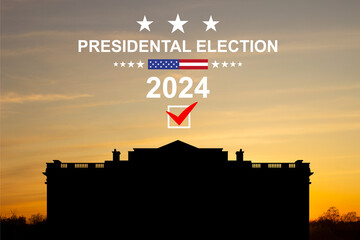 Presidental election 2024 banner with White House and USA flag against the sunset