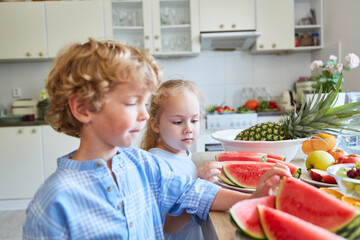 Siblings looking at watermelon slices on table at home
