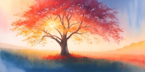Majestic alone tree on a hill at mountain valley. Dramatic colorful morning scene. Red and yellow autumn leaves. Watercolor style. AI generated illustration