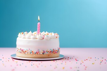 Birthday cake with colorful sprinkles on pastel background.