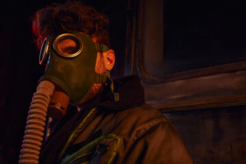 nuclear catastrophe survivor wearing  gas mask in abandoned subway, post-apocalyptic, game character