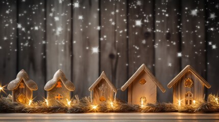 Christmas decoration on wooden background, flat lay. Space for text.