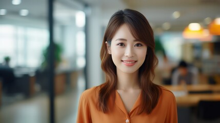 Close up portrait of smiling beautiful millennial businesswoman or CEO looking at camera, happy female boss posing making, confident successful woman at work.