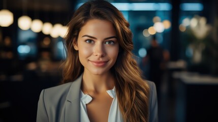 Obraz premium Close up portrait of smiling beautiful millennial businesswoman or CEO looking at camera, happy female boss posing making, confident successful woman at work.