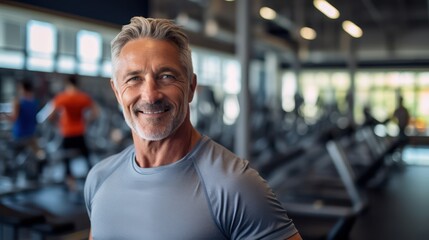 Motivation, fitness and portrait of asenior man in gym wellness and cardio workout. Smile, healthy body and face of senior male after training, exercise and sports goals