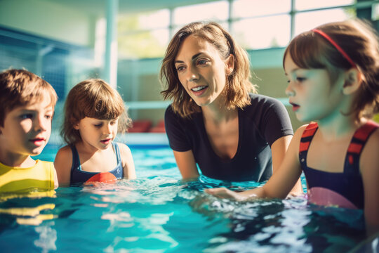 Swimming teacher teaching children to swim in the swimming pool