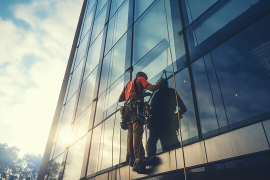 A window cleaner hangs from a high-rise building to clean windows