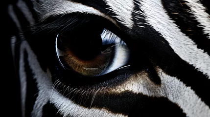 Fototapete A close up of a zebras eye with a black background © Fauzia