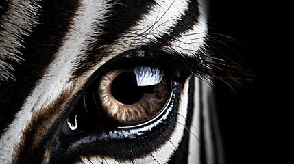 Fototapeten A close up of a zebras eye with a black background © Fauzia