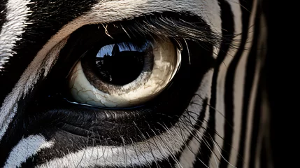 Zelfklevend Fotobehang A close up of a zebras eye with a black background © Fauzia