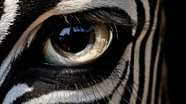 A close up of a zebras eye with a black background