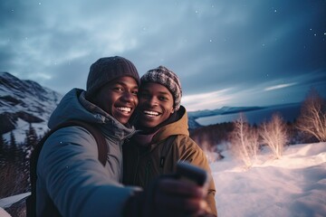 Homosexual couple in love, hugging and smiling in a snowed mountain, taking a selfie with northern lights. 