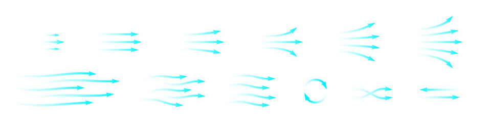 Set of blue arrow showing air or wind flow. Air conditioner direction. Isolated on transparent background element - obrazy, fototapety, plakaty