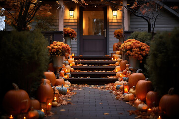 The porch of the house is decorated with pumpkins and lanterns with candles. Autumn home decorating. AI Generative. - obrazy, fototapety, plakaty