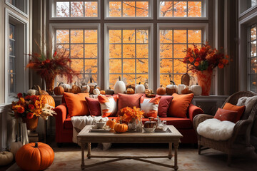 Classic living room with sofa and table decorated with pumpkins and flowers for thanksgiving day. AI Generative.