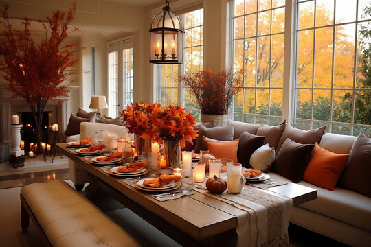 Classic living room with sofa and table setting decorated with pumpkins and flowers for thanksgiving day. AI Generative