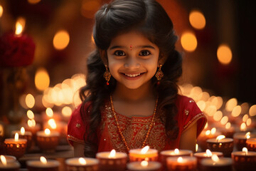 Indian little girl holding oil lamp in hand